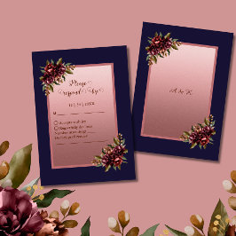 Navy Blue Rose Gold Script Burgundy floral wedding RSVP Karte