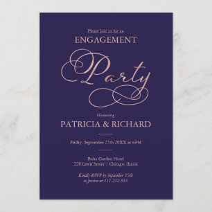 Navy Blue Rose Gold Script Engagement Party Einladung