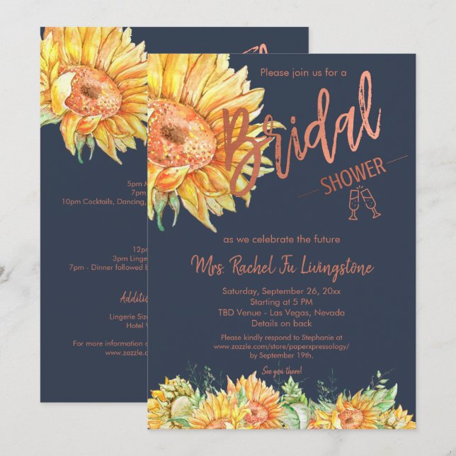 Navy Blue Rose Gold Sonnenblumen Brautparty Detail Einladung (Vorne/Hinten)