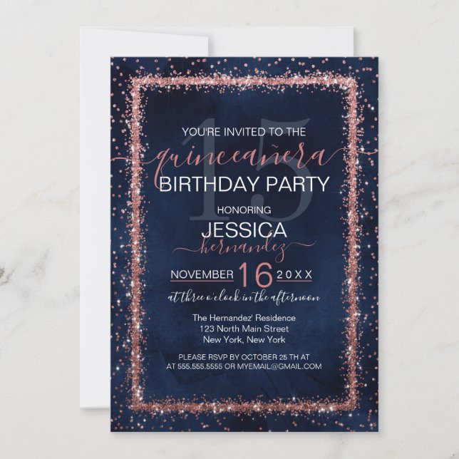 Navy Blue Rose Gold Sprinkled Confetti Quinceañera Einladung (Vorderseite)