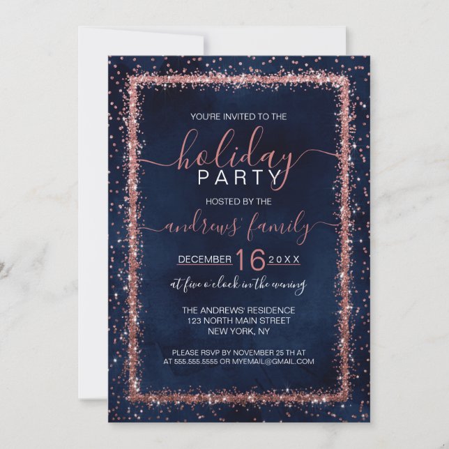 Navy Blue Rose Gold Sprinkled Confetti Weihnachten Einladung (Vorderseite)