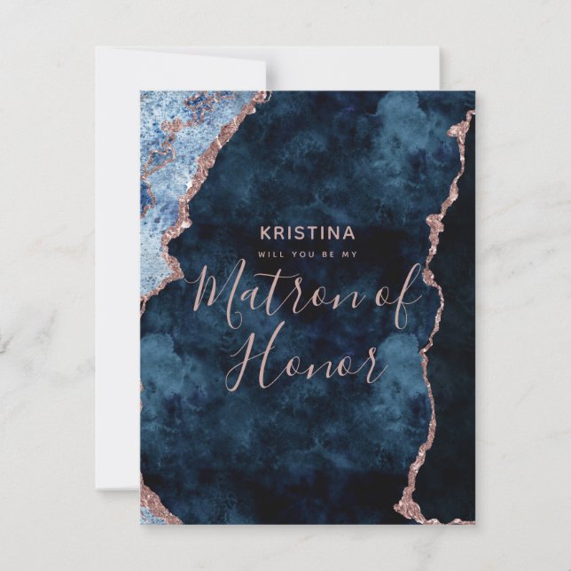 Navy Blue Rose Gold werden Sie meine Ehrenmatrone  Einladung (Vorderseite)