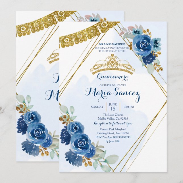 Navy Blue Rose Mis Quince Einladung (Vorne/Hinten)