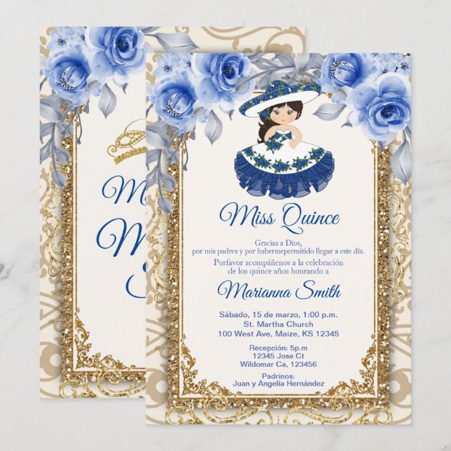 Navy Blue Rose und Gold Quinceñera Einladung (Vorne/Hinten)
