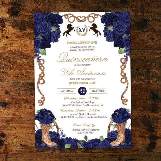 Navy Blue Rose Western Charro Quinceañera Einladung (Von Creator hochgeladen)