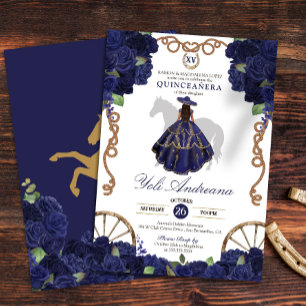 Navy Blue Rosen Floral Country Western Quinceanera Einladung