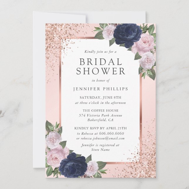 Navy Blue Rosen Gold Blush Blues Brautparty Einladung (Vorderseite)