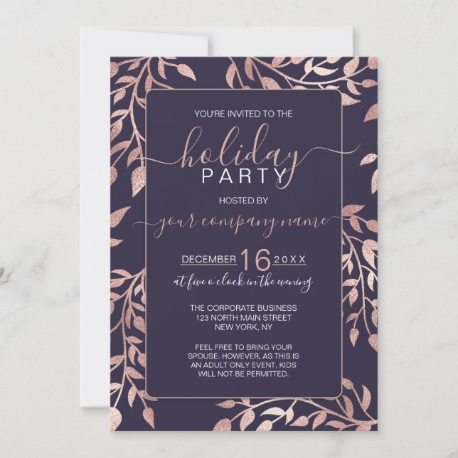 Navy Blue Rosen Gold Floral Leaf Corporate Holiday Einladung (Vorderseite)