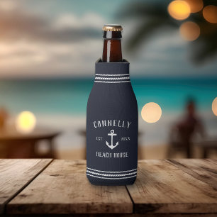 Navy Blue Rustic Anchor Personalisiert Beach House Flaschenkühler
