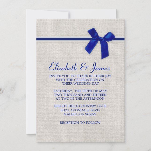 Navy Blue Rustic Burlap Invitations de mariage (Devant)