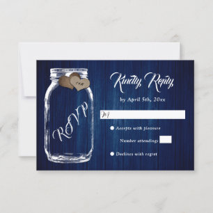 Navy Blue Rustic Country Wood Mason Jar Wedding RSVP Karte