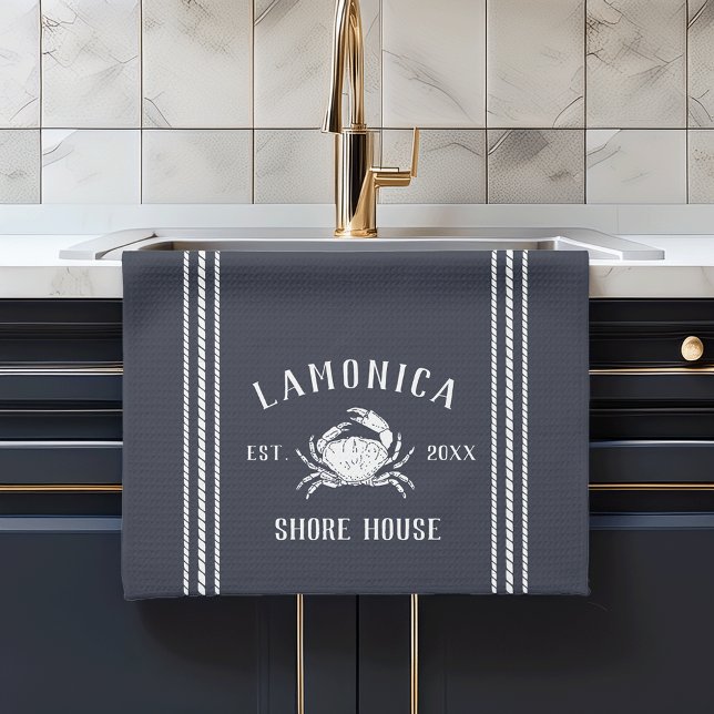 Navy Blue Rustic Crab Personalisiert Shore House Geschirrtuch (Von Creator hochgeladen)