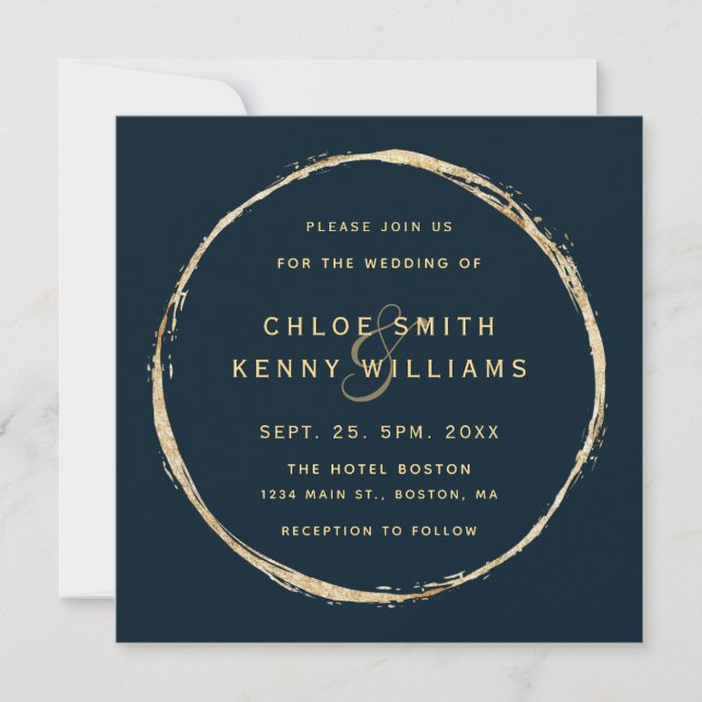 Navy Blue Rustic Gold Circle Wedding Square Einladung (Vorderseite)