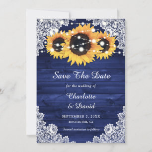 Navy Blue Rustic Holz Spitzen Lichter Sonnenblumen Save The Date
