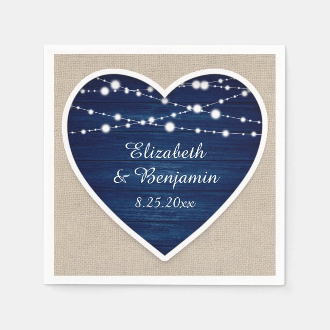 Navy Blue Rustic Holz String Lights Burlap Wedding Serviette (Vorderseite)