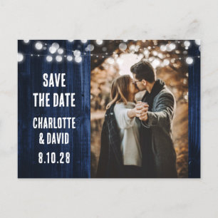 Navy Blue Rustic Holz String Lights Hochzeitssonne Ankündigungspostkarte