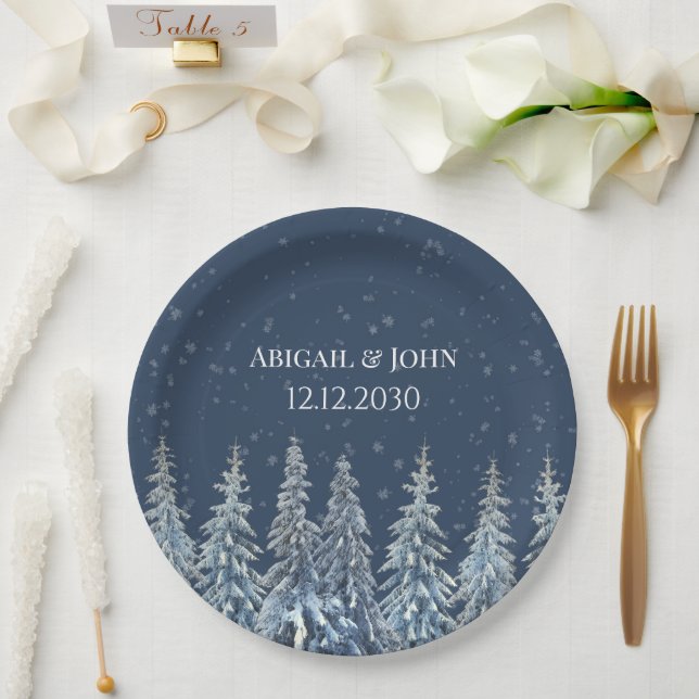 Navy Blue Rustic Winter Forest Wedding Pappteller (Hochzeit)