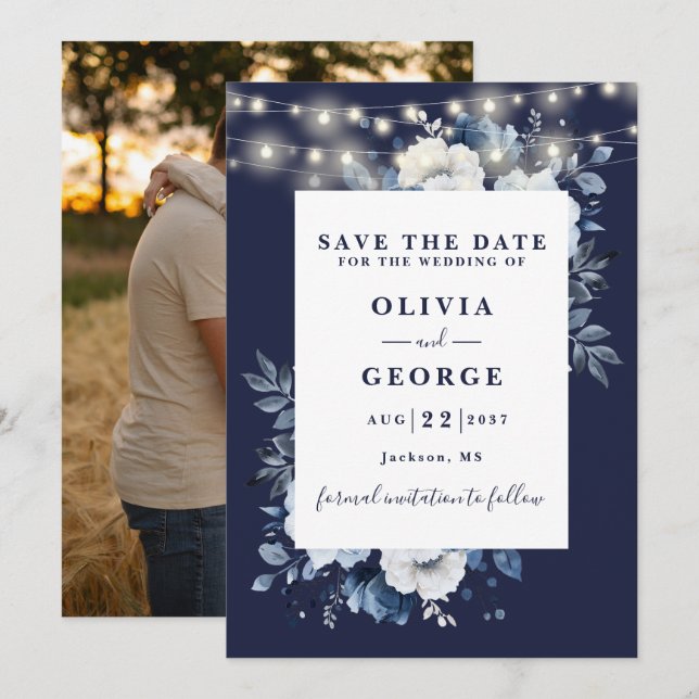 Navy Blue Rusticus String Lights Floral Foto Save The Date (Vorne/Hinten)
