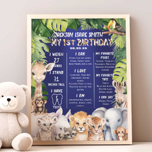 Navy Blue Safari Jungle Animals 1 Meilenstein Fotodruck