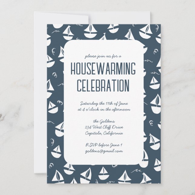 Navy Blue Sailboote Niedlich Beach Housewarming Pa Einladung (Vorderseite)