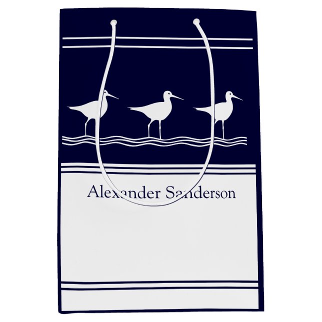 Navy Blue Sandpiper Bird mit eigenem Mit Monogramm Mittlere Geschenktüte (Vorderseite)