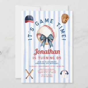 Navy-Blue-Schleife-Junge-Baseball-Spielzeit-Geburt Einladung