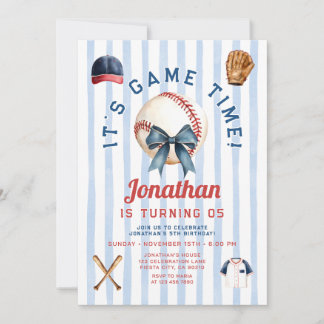 Navy-Blue-Schleife-Junge-Baseball-Spielzeit-Geburt Einladung