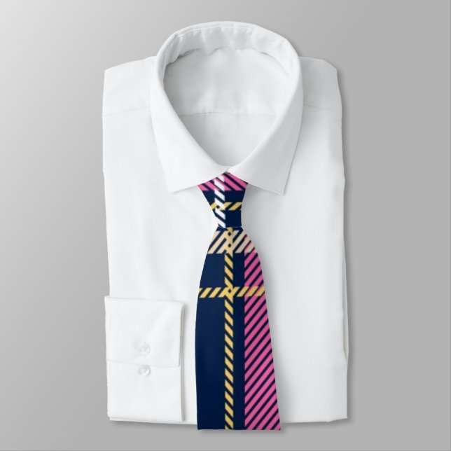 Navy Blue Scottish Tartan Kariert Pink White Strip Krawatte (Gebunden)