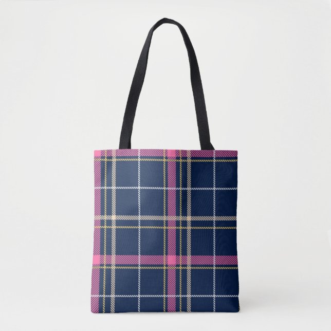 Navy Blue Scottish Tartan Kariert Pink White Strip Tasche (Vorderseite)