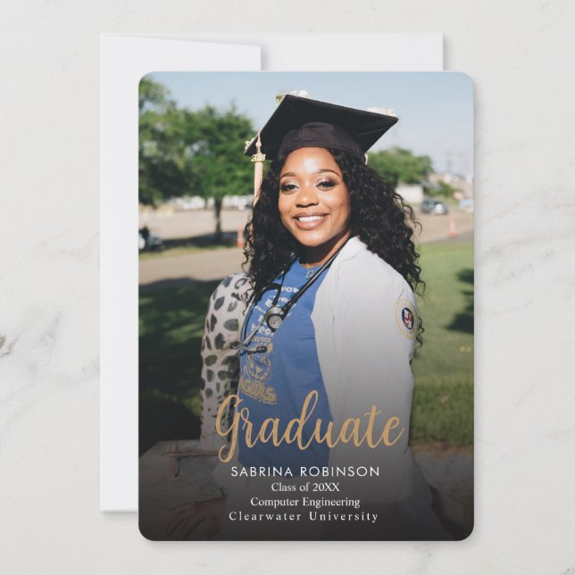 Navy Blue Script 5 Foto Abschluss Ankündigung (Vorderseite)