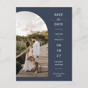 Navy Blue Script Arch Foto QR Code Save the Date Postkarte