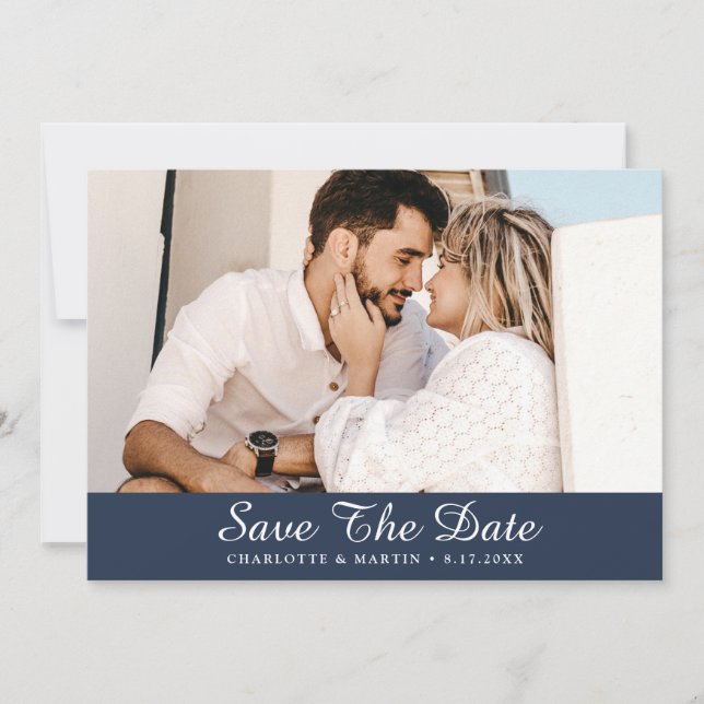 Navy Blue Script Hochzeitungs-Foto speichern die D Save The Date (Vorderseite)