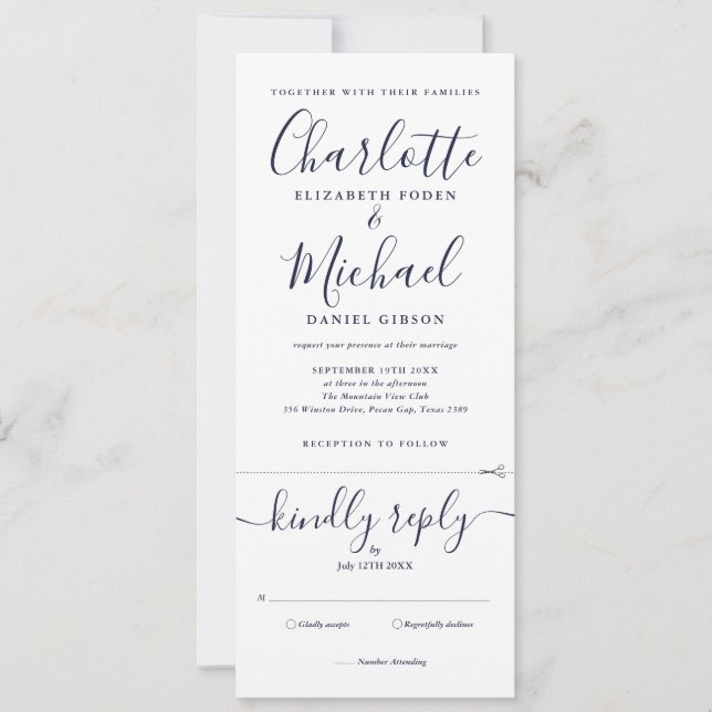 Navy Blue Script Minimalistisch in einer Hochzeit Einladung (Vorderseite)