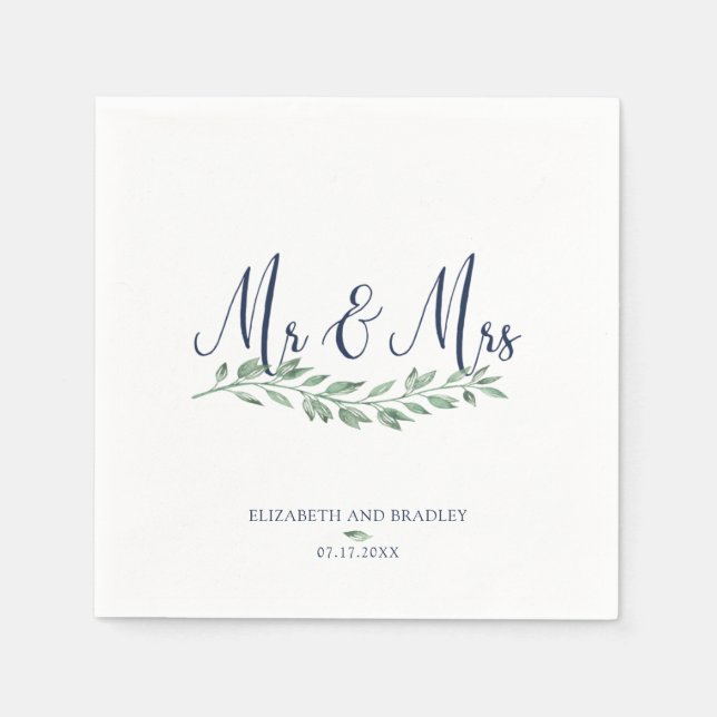 Navy Blue Script Mr. and Mrs. | Grüne Hochzeit Serviette (Vorderseite)