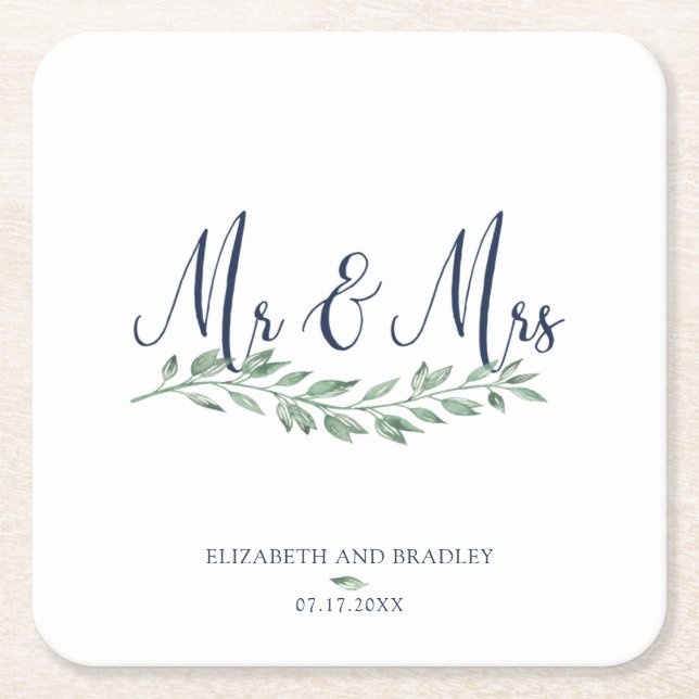 Navy Blue Script MR und MRS Greenery Wedding Rechteckiger Pappuntersetzer (Vorderseite)