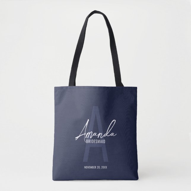 Navy Blue Script Personalisiert Bridesmaid Name Tasche (Vorderseite)