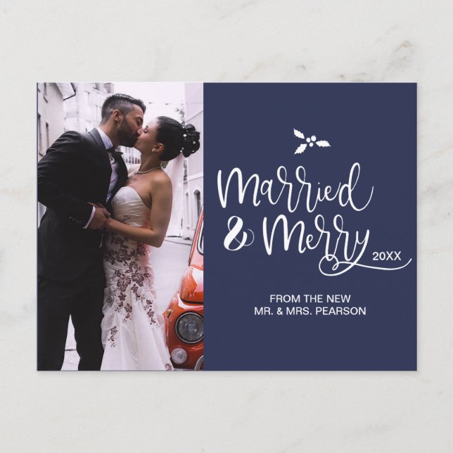 Navy Blue Script Verheiratet und Frohe Weihnachten (Vorderseite)