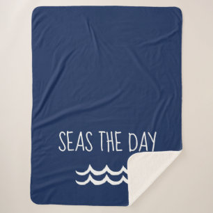 Navy Blue Seas the Day Waves Nautic Sherpadecke