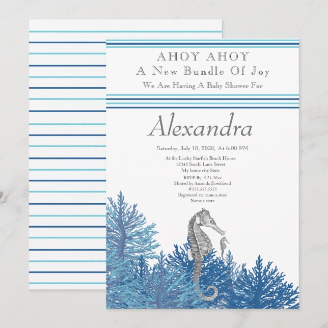 Navy Blue Seepferd Ahoy ist eine Baby-Dusche (Vorne/Hinten)