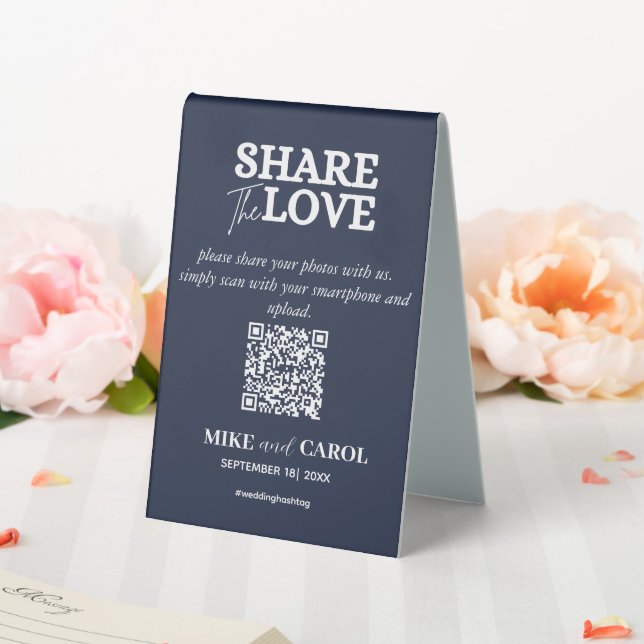 Navy Blue Share Liebe Foto QR Code Hochzeit Tischaufsteller (In Situ (Hochzeit))