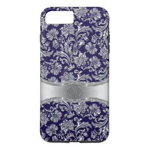 Navy Blue & Shiny Silver Floral Damasks Case-Mate iPhone Hülle