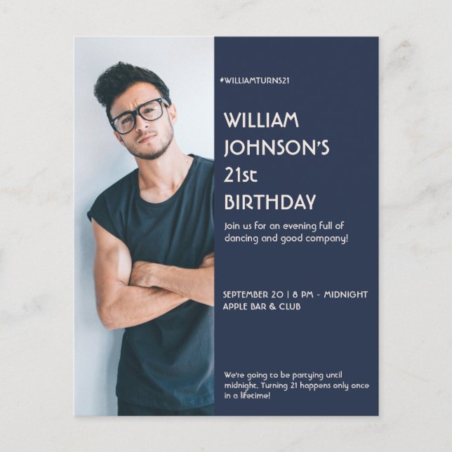 Navy Blue Sidebar Foto 21. Geburtstag Einladung Flyer (Vorne)