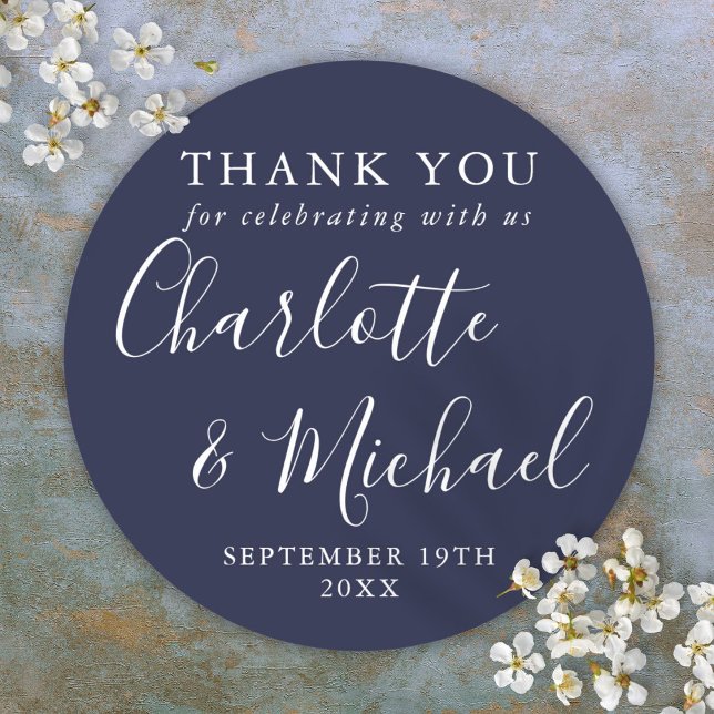 Navy Blue Signature Gastgeschenk Hochzeit Vielen D Runder Aufkleber (Navy Blue Signature Wedding Favor Thank You Classic Round Sticker)