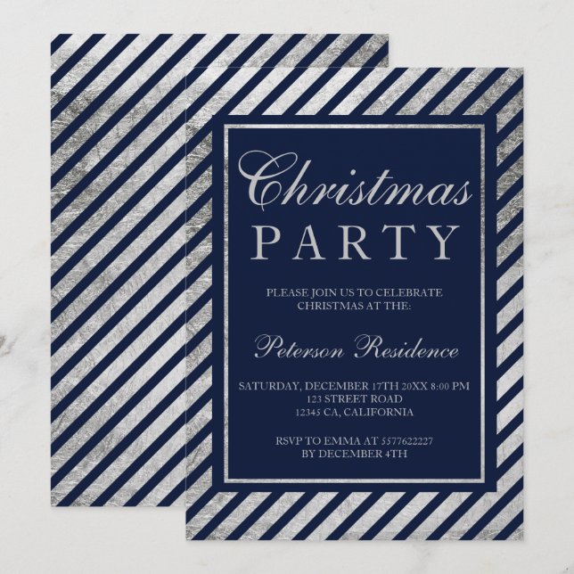 Navy Blue Silber Streifen Weihnachten Einladung (Vorne/Hinten)