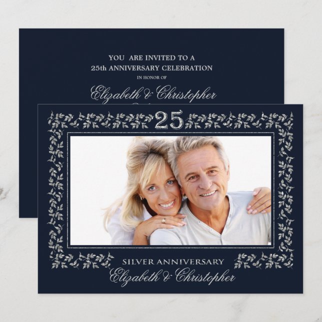 Navy Blue Silver 25. Hochzeitstag Foto Einladung (Vorne/Hinten)
