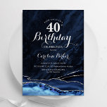 Navy Blue Silver Agate 40. Geburtstag Einladung<br><div class="desc">Marineblau und Silber haben 40. Geburtstag Party Einladung. Elegantes modernes Design mit königsblauen Aquarellfarben,  marmorgeode Hintergrund,  Imitate Glitzer Silber und Typografie Drehbuch Schriftart. Die trendige Einladungskarte eignet sich perfekt für eine stilvolle Damenfeier. Gedruckte Zazzle Einladungen oder Sofortdownload digitalen druckbaren Vorlage.</div>