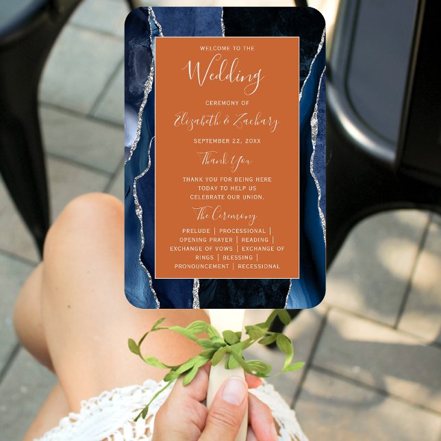 Navy Blue Silver Agate Dark Wedding Program Fächer (Von Creator hochgeladen)