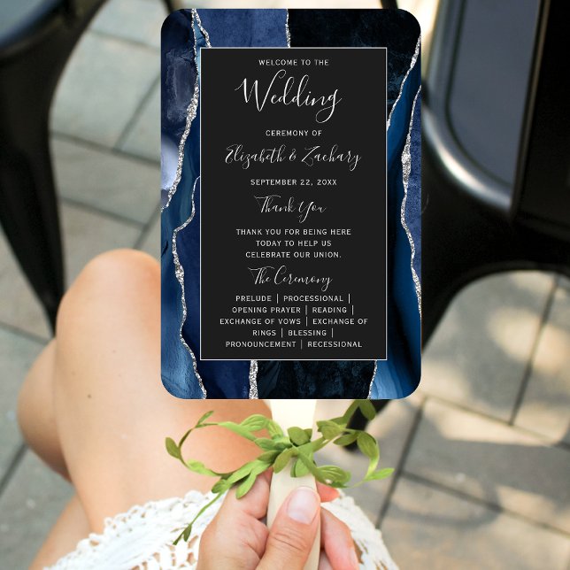 Navy Blue Silver Agate Dark Wedding Program Fächer (Von Creator hochgeladen)