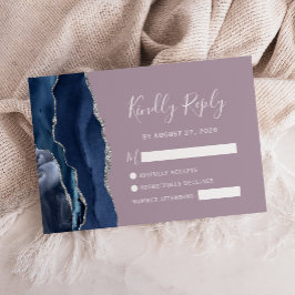 Navy Blue Silver Agate Mauve Wedding RSVP Card Karte
