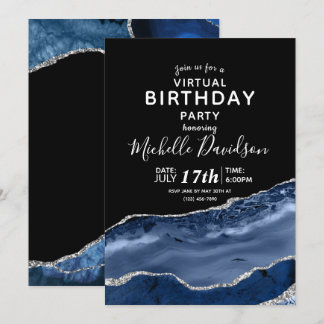 Navy Blue & Silver Agate Virtual Birthday Invitati Einladung